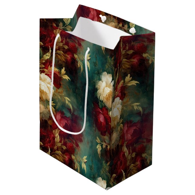 Sac Cadeau Moyen Fleurs Rouge Blanc Or Vert (Devant Angle)