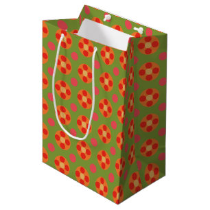 Sac Cadeau Moyen Fleurs rouges et Polkas roses du coquelicot rétro 