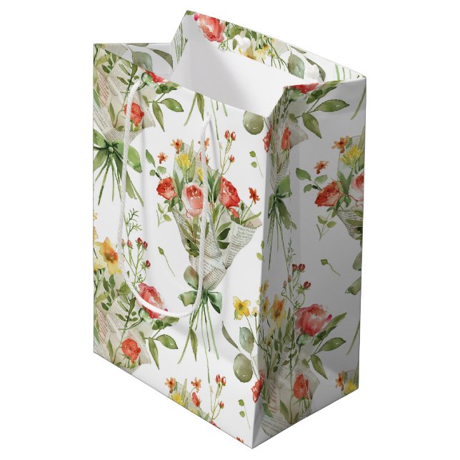 Sac Cadeau Moyen Fleurs Rouges Jaunes Anniversaire (Devant Angle)