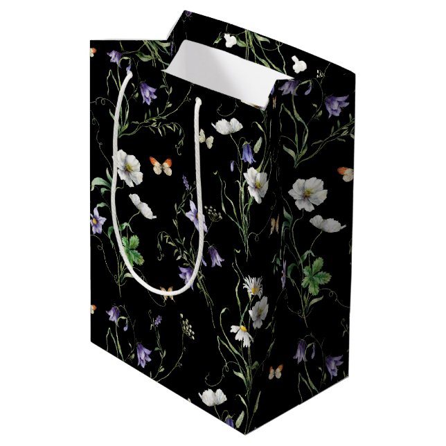 Sac Cadeau Moyen Fleurs sauvages et papillons sur le noir (Dos Angle)