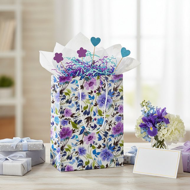Sac Cadeau Moyen Fleurs violettes et bleues (Créateur téléchargé)