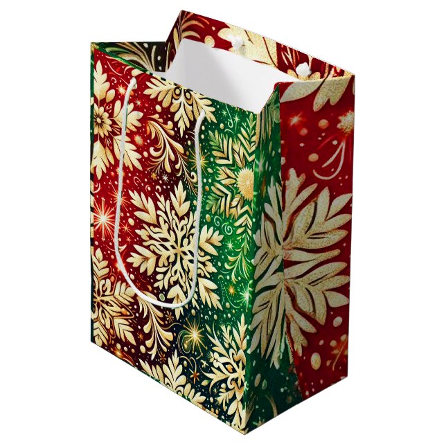 Sac Cadeau Moyen Flocons de Neige Dorés (Devant Angle)