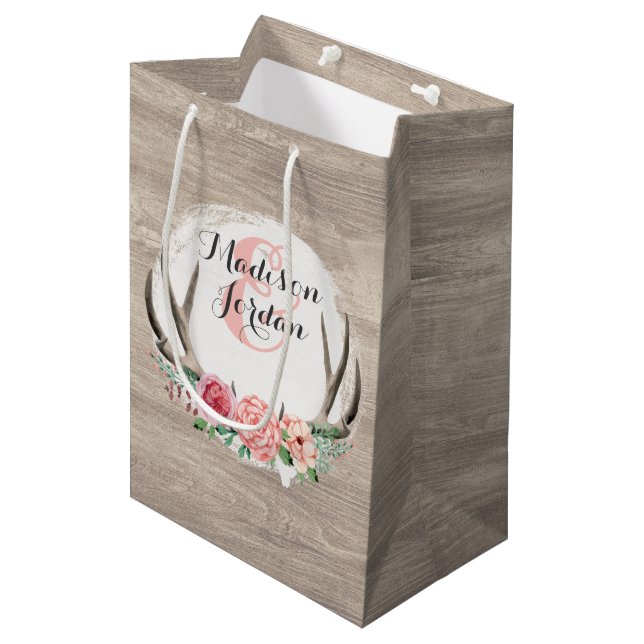 Sac Cadeau Moyen Floral Antlers Mariage en bois rustique Personnali (Devant Angle)