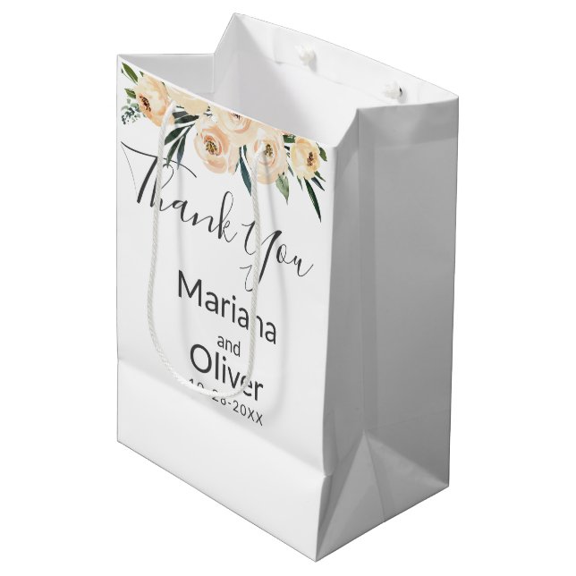 Sac Cadeau Moyen Floral Beige Blush sur Mariage blanc (Devant Angle)
