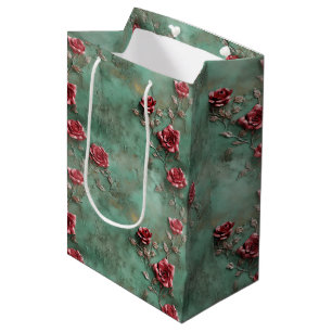 Sac Cadeau Moyen Floral de Roses rouges vertes