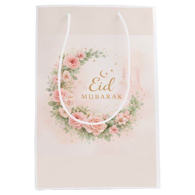 Sac Cadeau Moyen Floral Eid Mubarak – Blush Pink Islamic Gift f (Devant)