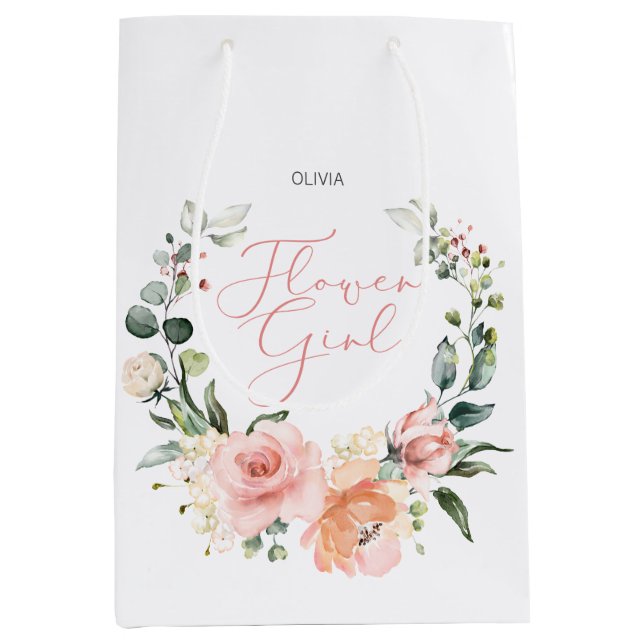 Sac Cadeau Moyen Floral Flower Girl rose Aquarelle Mariage (Devant)