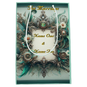 Sac Cadeau Moyen Floral Steampunk Mariage vert et argent
