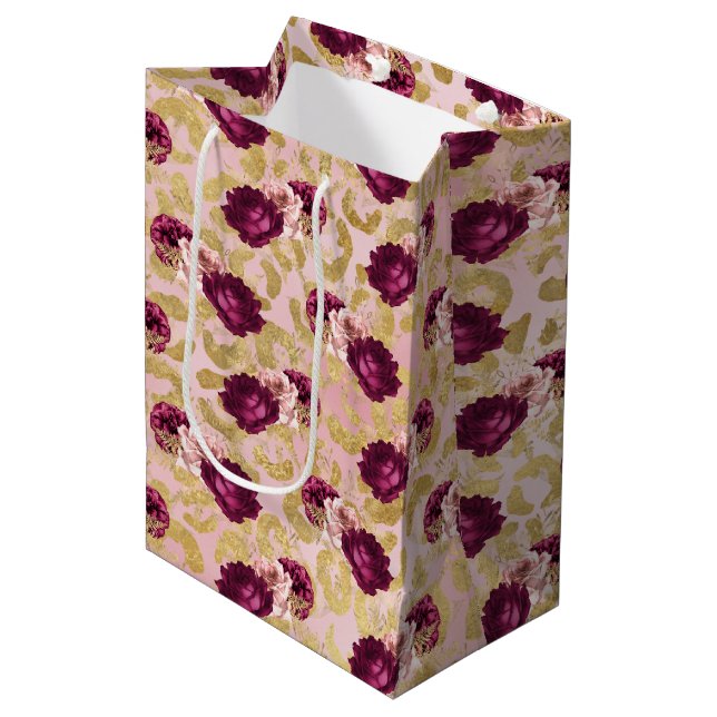 Sac Cadeau Moyen Florales de roses roses Empreintes de léopard d'or (Devant Angle)