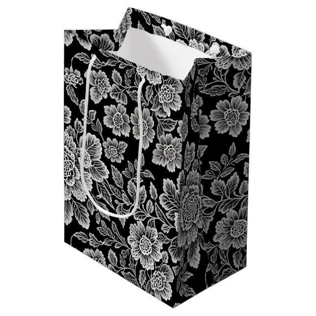 Sac Cadeau Moyen Flores de dentelle blanche sur noir (Devant Angle)