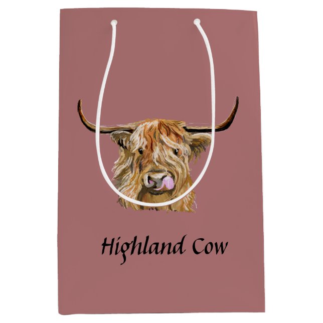Sac Cadeau Moyen Fluffy Red Highland Cow Art numérique original    (Devant)