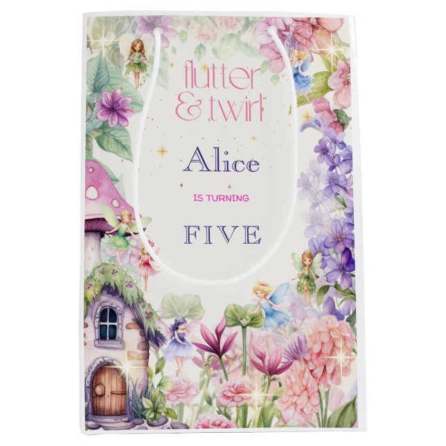 Sac Cadeau Moyen Flutter et tourbillon Fairy garden aquarelle anniv (Devant)