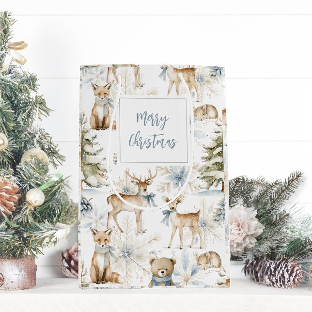 Sac Cadeau Moyen Forêt boisée Animaux Bleu Blanc Noël (Créateur téléchargé)