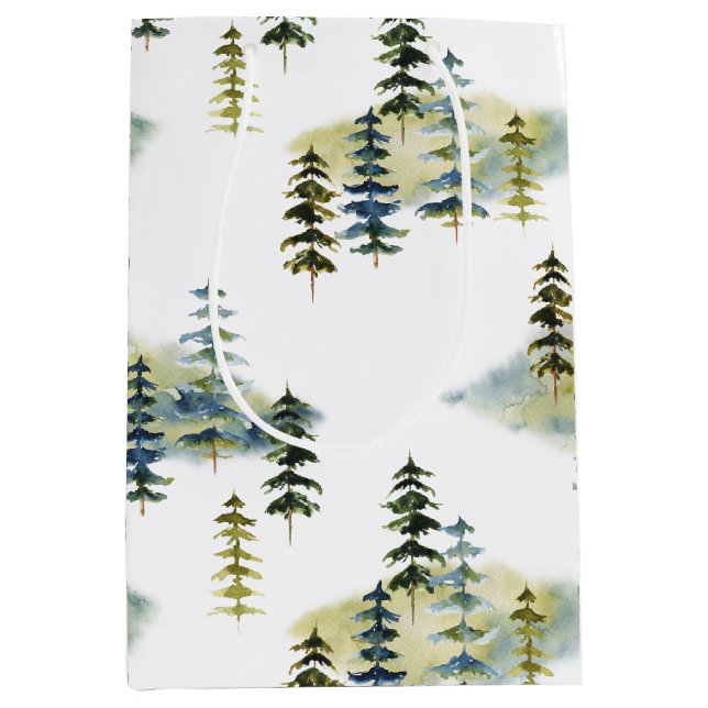 Sac Cadeau Moyen Forêt de pins aquarelle moderne (Devant)