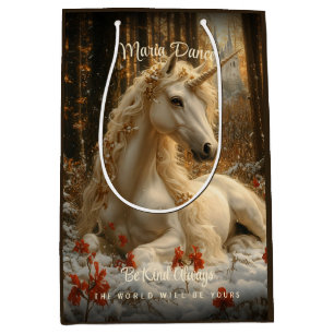 Sac Cadeau Moyen Forêt enchantée Unicorn Château Fairytale Neige