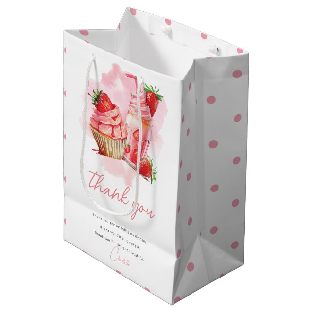 Sac Cadeau Moyen Fraise Milkshake Anniversaire Photo personnalisée (Devant Angle)