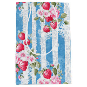 Sac Cadeau Moyen Fraises vintages et fleurs sur bandes bleues