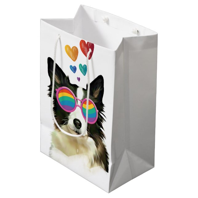 Sac Cadeau Moyen Frontière Collie Chien avec Coeurs Saint-Valentin (Devant Angle)