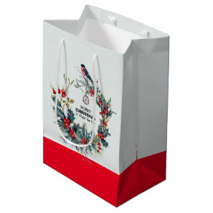 Sac Cadeau Moyen Fruits de Noël rouge couronne & bullfinch