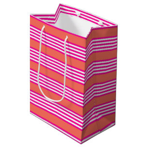 Sac Cadeau Moyen Fuchsia et corail vivant cinq bandes motif