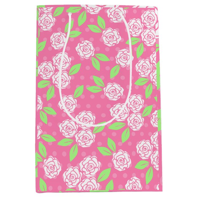 Sac Cadeau Moyen Fuchsia Floral Chic Usé Mariage Anniversaire (Devant)