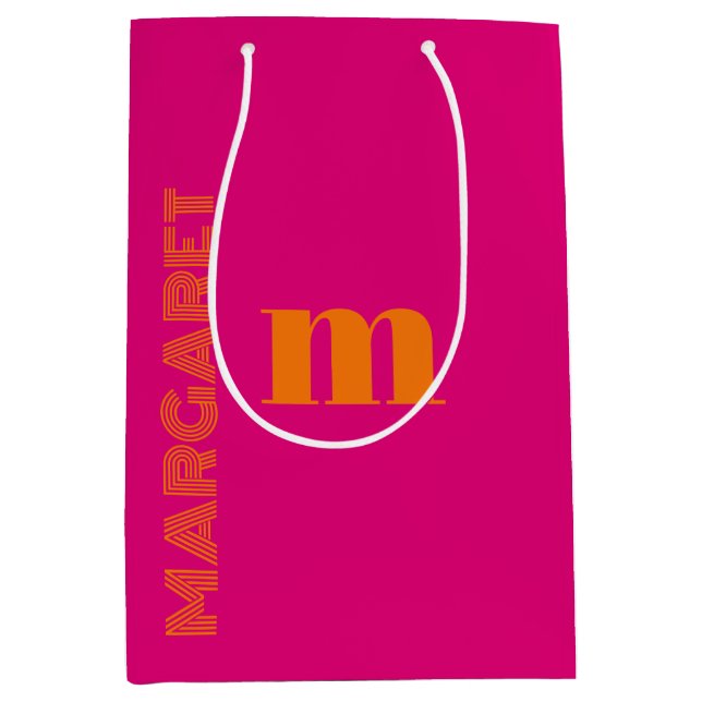 Sac Cadeau Moyen Fuchsia & orange custom initial name modern (Devant)