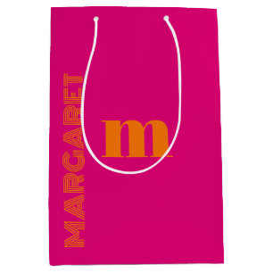 Sac Cadeau Moyen Fuchsia & orange personnalisé initiale nom moderne