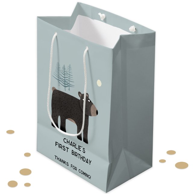 Sac Cadeau Moyen Fun Bear Âge Personnalisé Anniversaire (Cute bear woodland forest animal personalized kid child birthday age custom text gift bag)