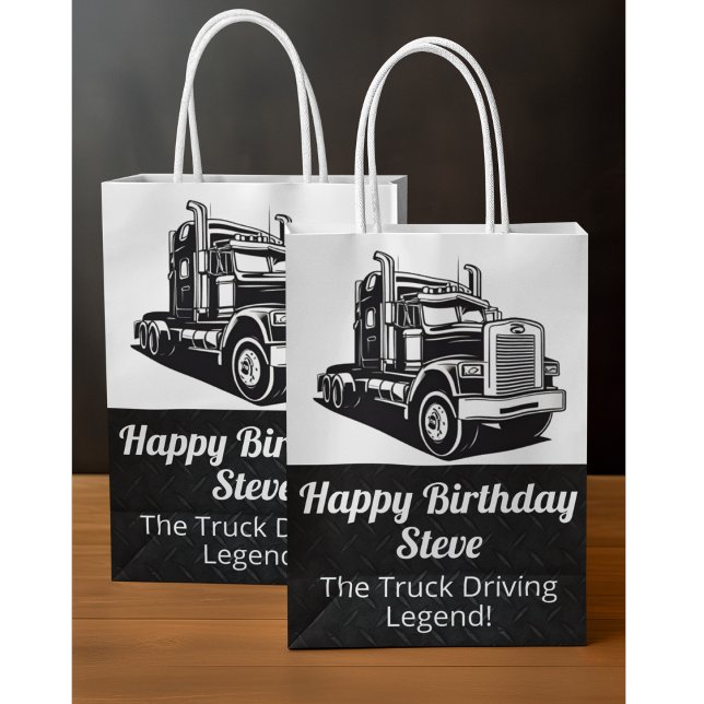 Sac Cadeau Moyen Funky Transport Semi Truck Driver Nom personnalisé (Truck Driver Birthday Party Gift Bag)