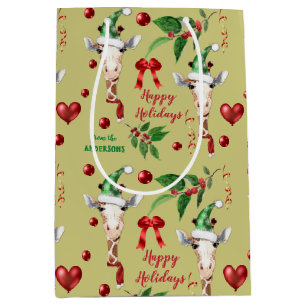 Sac Cadeau Moyen Funny Giraffe Santa Hat Holly Noël