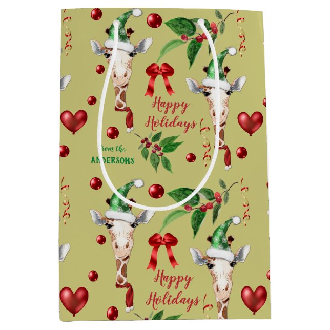 Sac Cadeau Moyen Funny Giraffe Santa Hat Holly Noël (Devant)