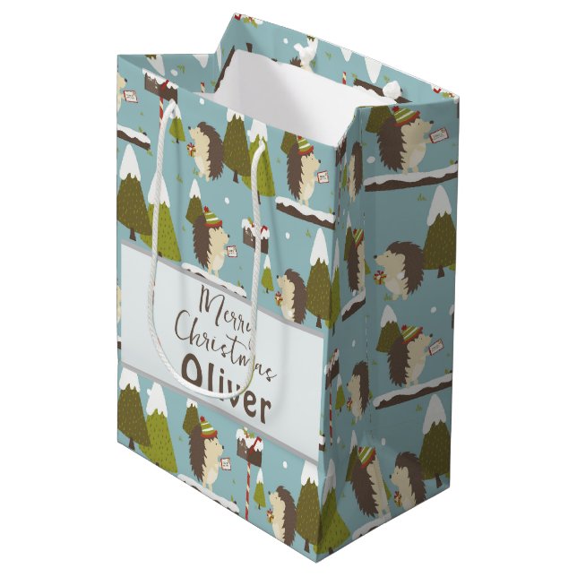 Sac Cadeau Moyen Funny Noël Hérisson Nom des enfants (Devant Angle)