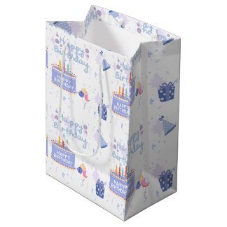 Sac Cadeau Moyen Gâteau d'anniversaire bleu pastel mignon motif san