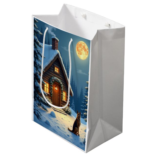 Sac Cadeau Moyen German Shepherd Snowy Forest Cabin Christmas Paint (Devant Angle)