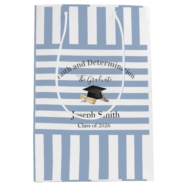 Sac Cadeau Moyen Gift Bags Blue White Stripe Graduation 2026 (Devant)