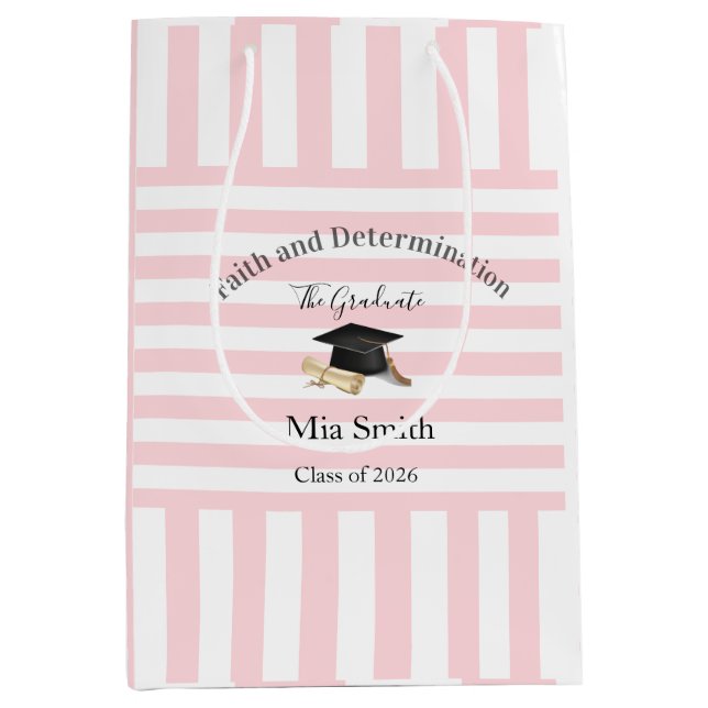Sac Cadeau Moyen Gift Bags Pink White Stripe Graduation 2026 (Devant)