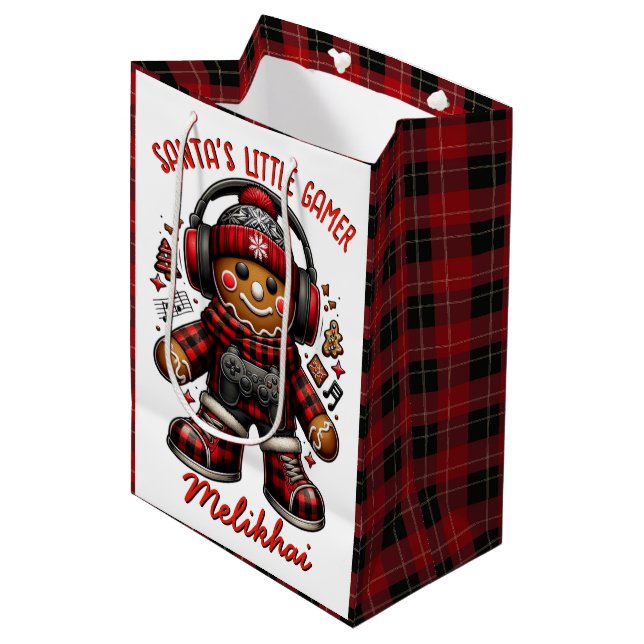 Sac Cadeau Moyen Gingerbread Gamer Red & Black Plaid Christmas (Devant Angle)