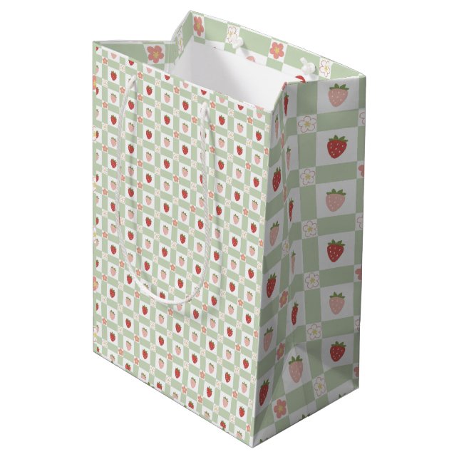 Sac Cadeau Moyen Gingham Fraise Pastel Vert 1er Anniversaire (Dos Angle)