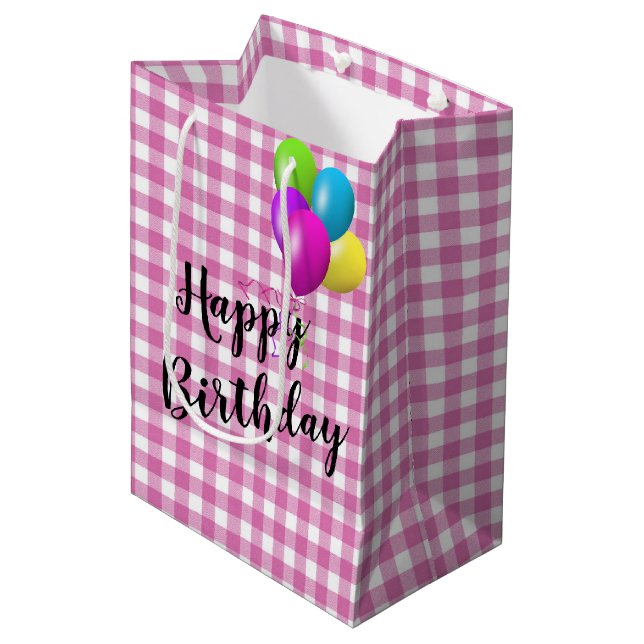 Sac Cadeau Moyen Gingham rose et blanc pour anniversaire (Devant Angle)