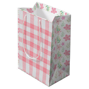 Sac Cadeau Moyen Gingham Rose Fleurs Mignon Carreaux Féminin Joli