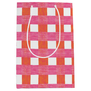 Sac Cadeau Moyen Gingham Tissé en Damier en Rose et Orange
