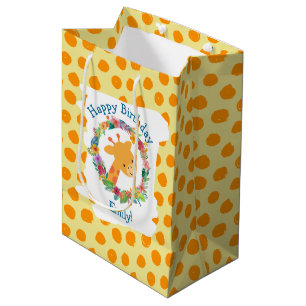 Sac Cadeau Moyen Giraffe mignonne avec une couronne florale Anniver
