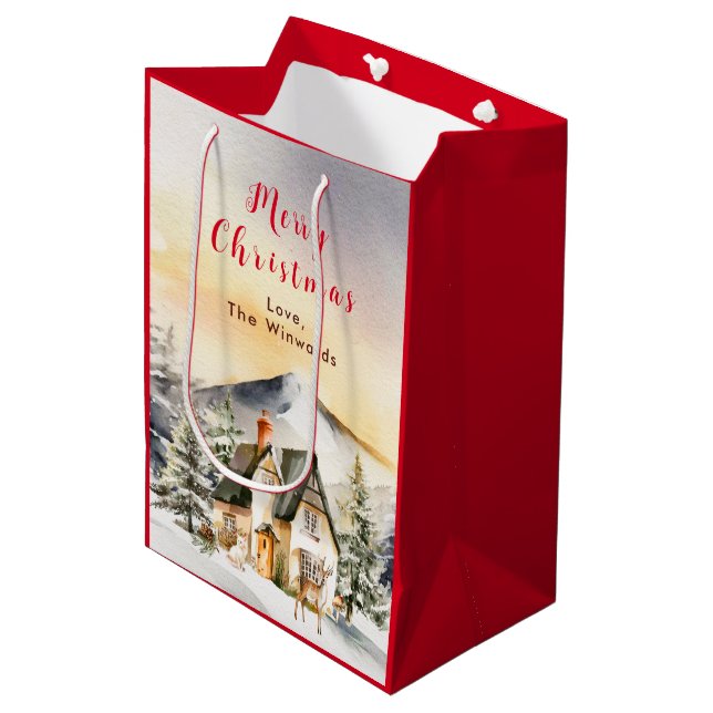 Sac Cadeau Moyen Gîte de vacances d'hiver Joyeux Noël (Devant Angle)