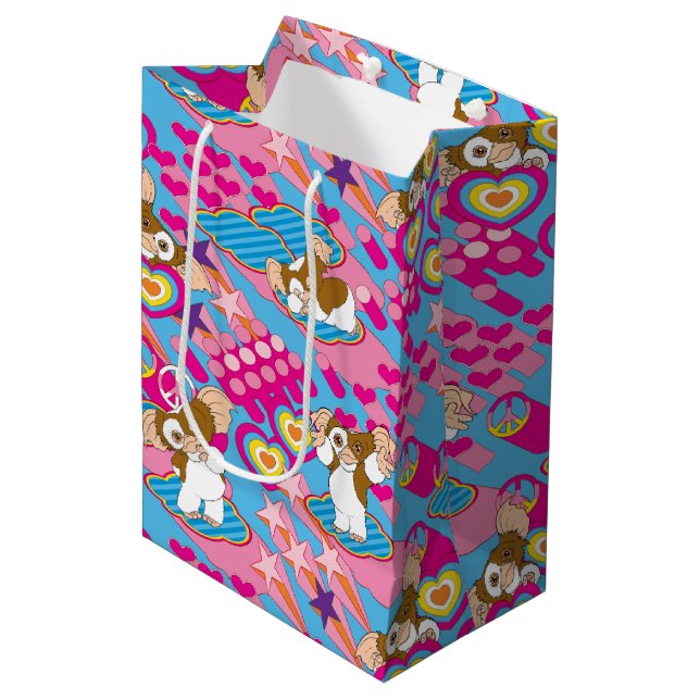 Sac Cadeau Moyen Gizmo | Pink Peace & Love Pattern (Devant Angle)
