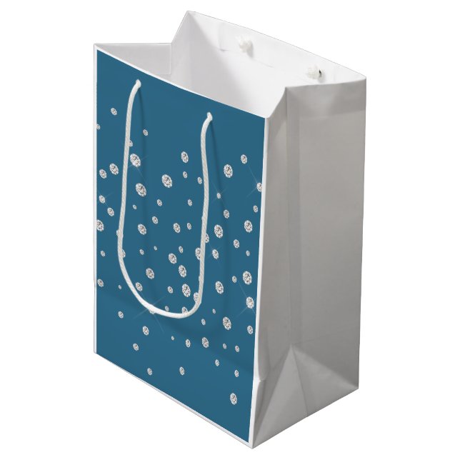 Sac Cadeau Moyen Glam Blue Diamonds Blanc Mariage (Devant Angle)