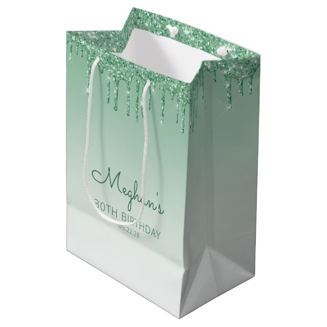 Sac Cadeau Moyen Glitter Drip 30e Anniversaire Vert (Devant Angle)