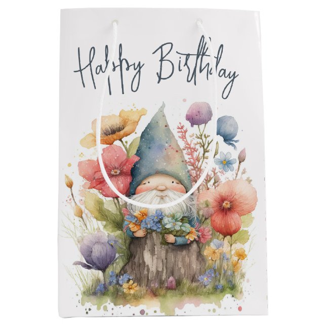 Sac Cadeau Moyen Gnome D'Anniversaire En Fleurs (Devant)