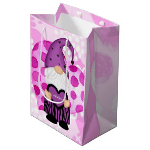 Sac Cadeau Moyen Gnome de la Saint-Valentin à pois violets et roses