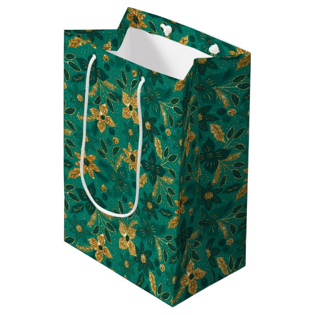 Sac Cadeau Moyen Gold and Green Christmas Poinsettia Flowers (Devant Angle)