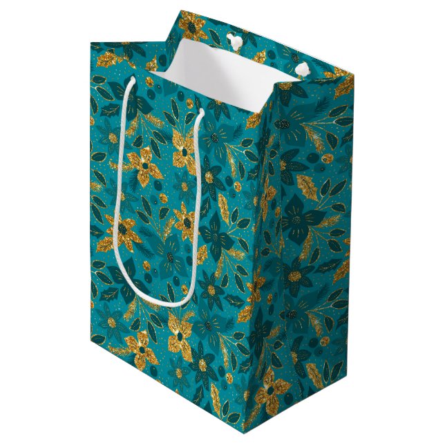 Sac Cadeau Moyen Gold and Teal Blue Christmas Poinsettia Flowers (Devant Angle)